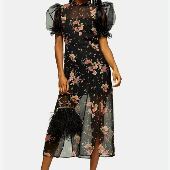 Topshop Black & Pink Floral Print Midi Dress Organza Sleeves - Picture 5 of 5